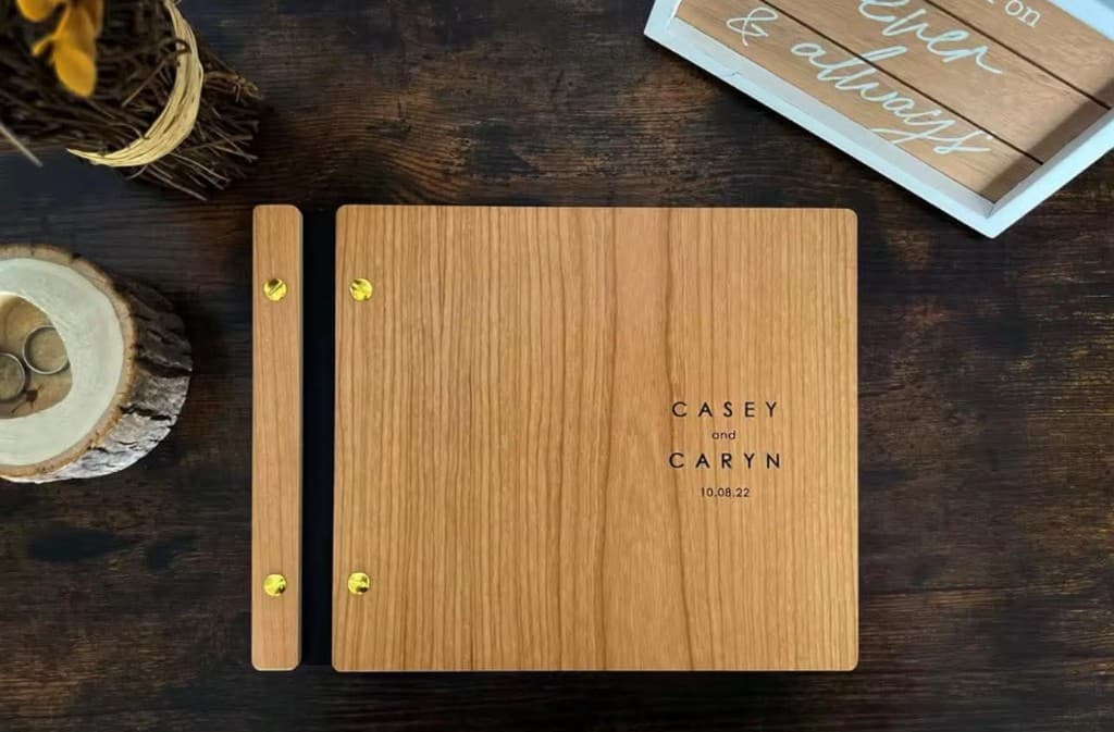 Wooden guest book with engraved names and date — Elite package