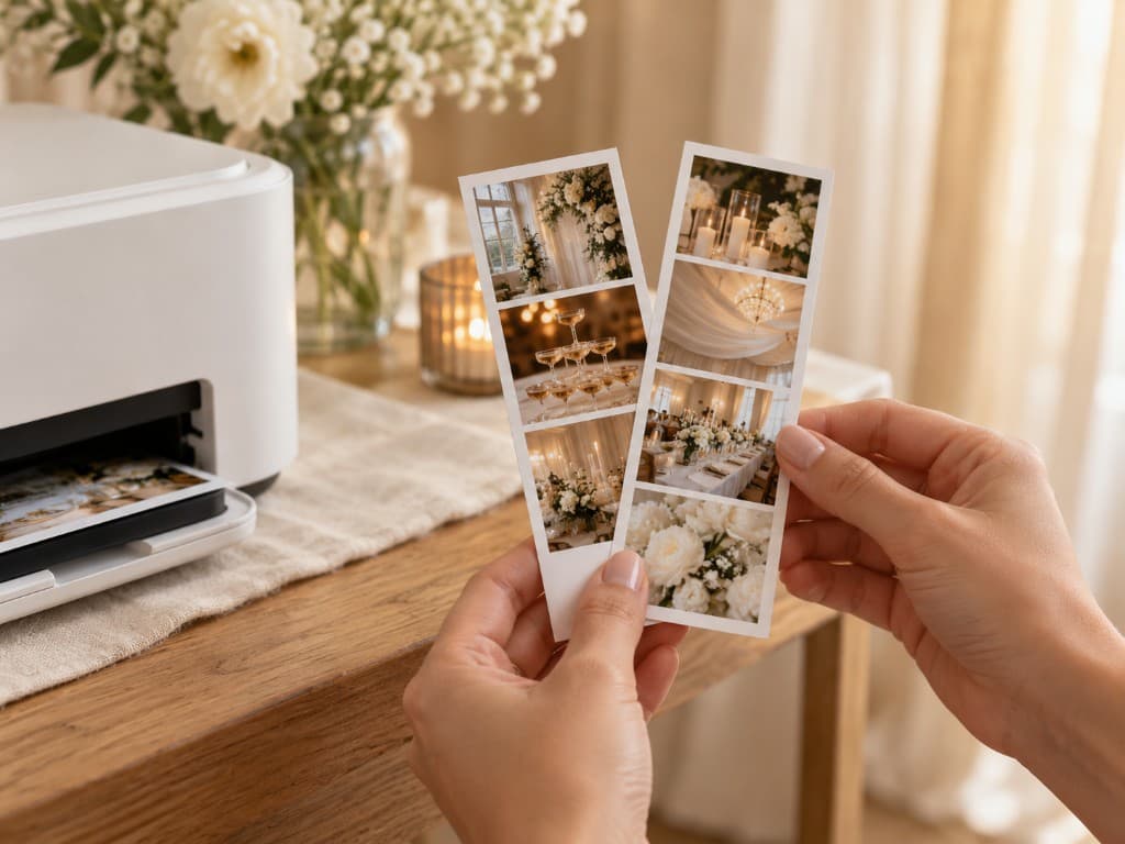 Guests holding printed photo strips from the booth
